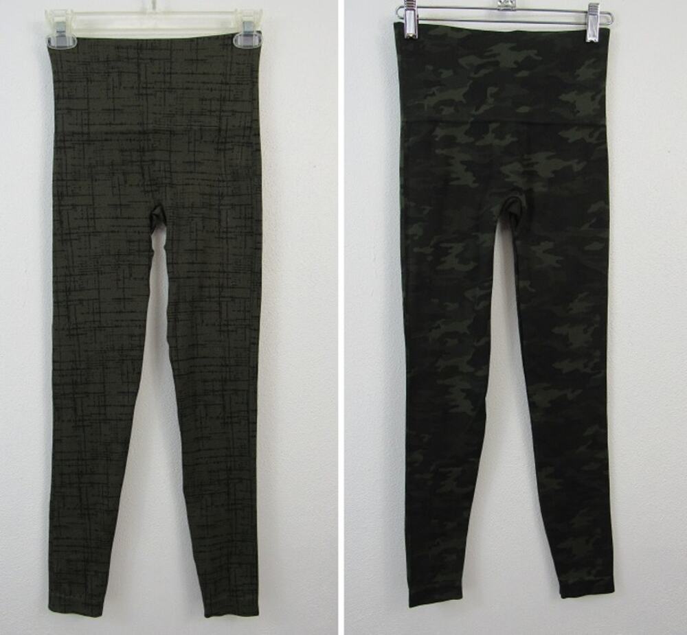 2 Pairs Spanx Size Small Look at Me Now Leggings Olive Green Stitch & Camo Print